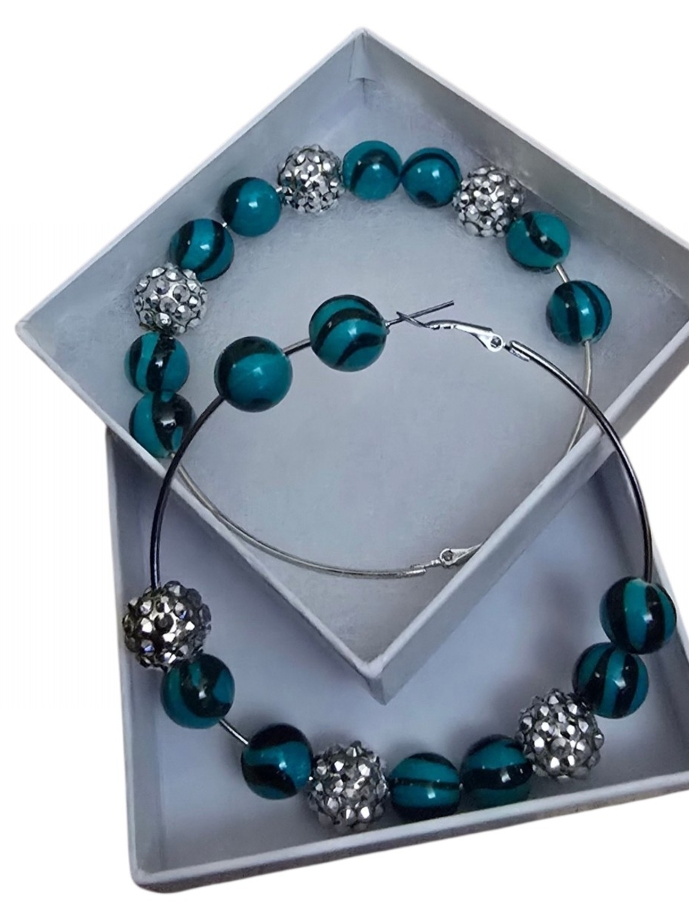 Teal Bead and Crystal Hoop Earrings - Women's Jewelry
